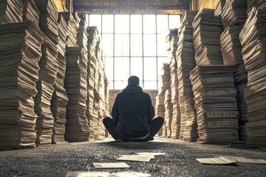 Male sitting among stacks of papers in warehouse