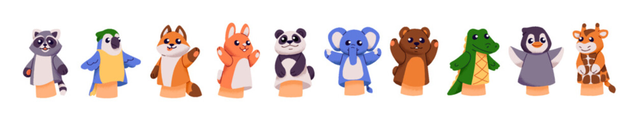 Set of cute hand puppets with animal shapes. Happy dolls of theater show for kids. Funny toys of bunny, fox, bear, elephant, parrot for child performance. Flat isolated vector illustrations on white