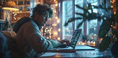 Fototapeta premium A young man is sitting at the table in front of his laptop, writing code on it.