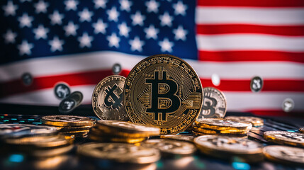 Cryptocurrency coins against background of US flag