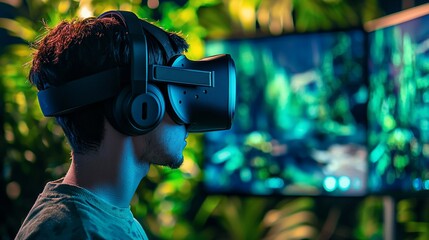 Young man immersed in virtual reality gaming experience.