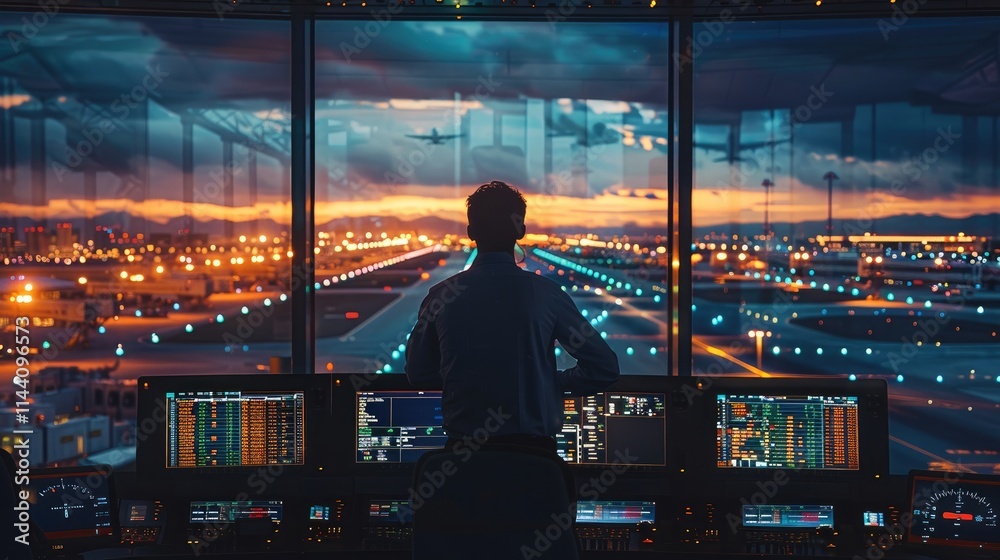 Aufkleber An airport engineer standing inside the control tower, surrounded by glowing monitors and radar screens displaying live aircraft data. Through the large windows, planes are visible on the runway.