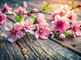 Fototapeta premium Rustic wooden table displays delicate pink peach blossoms, capturing spring's beauty in a still life photograph.