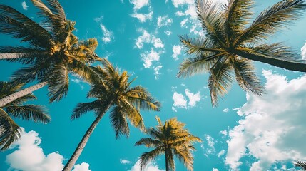 Palm trees reaching upward under bright sky wide shot photo. AI Generated