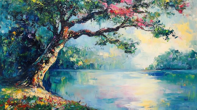 Lush tree gracefully leaning over serene lake, impressionistic painting.. AI Generated