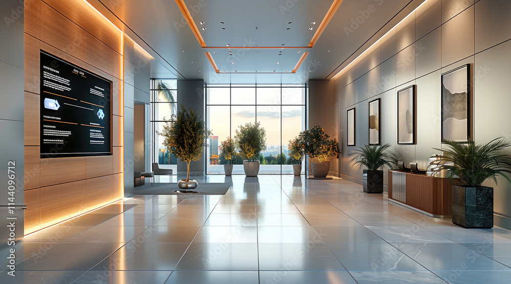 Poster modern residential building lobby with stylish digital way finding screens, reflecting a sense of up