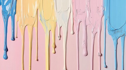 Fototapeta premium Dripping Paint Colors: A vibrant palette of pastel paint colors drips and flows, creating a mesmerizing abstract pattern of color and texture. 