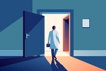 A man with a briefcase in a raincoat enters the office