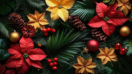Naklejka premium Hawaiian Christmas Decorations Tropical Elements: Festive Christmas Decorations Hawaiian Influence Featuring Tropical Flowers Palm Trees Bright Colors Holiday Celebrations Tropical Vibes