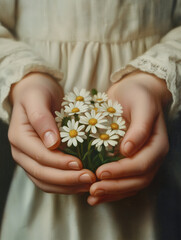 Close-up of a young childs hands gently holding a bouquet of daisies, showcasing innocence and a connection with nature