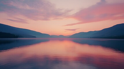 Naklejka premium The calm surface of a mountain lake at sunset, with a stunning reflection of the colorful sky and surrounding mountains, creating a peaceful and idyllic atmosphere 