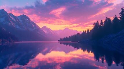 Fototapeta premium A tranquil mountain lake at dusk, with a vibrant sunset sky reflected in the still water, surrounded by rugged mountain ranges and thick pine forests 