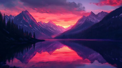 Fototapeta premium A tranquil alpine lake at sunset, with the sky painted in shades of red and purple, perfectly mirrored on the calm water, with towering mountains in the background 