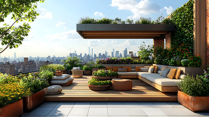 rooftop lounge with edible plants, herb planters, and city views