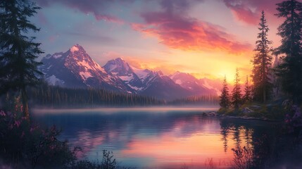 A picturesque scene of a crystal-clear mountain lake at sunset, the vibrant colors of the sky mirrored perfectly on the lake's surface, framed by tall pine trees and distant mountains 