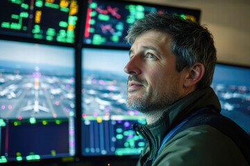 Caucasian male air traffic controller managing flight operations at control center