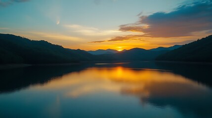 Obraz premium A golden sunset casts long shadows over a pristine mountain lake, with the colorful sky reflecting on the still water, creating a peaceful and serene view 