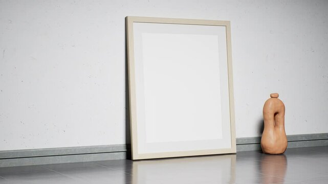 Poster mockup empty wooden frame on ceramic tile floor with reflections near abstract clay sculpture symbolizing calmness возле a gray wall in modern interior. 3D rendering, 3D animation illustration.