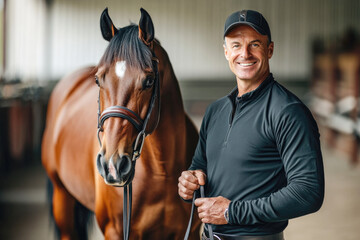 Fototapeta premium Caucasian male equestrian with horse in stable smiling at camera