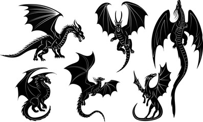 set of dragons silhouette on white background, vector