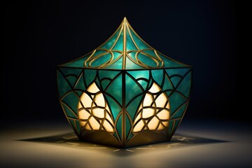 A green and gold lamp with a white shade
