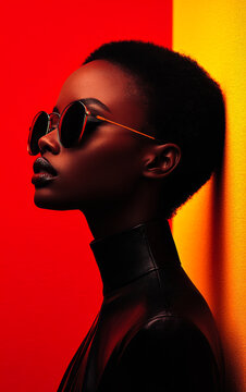 Model in stylish sunglasses. Model showcases striking fashion against vibrant backdrop with bold colors