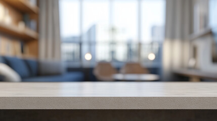 Minimalist tabletop with blurred modern living room background