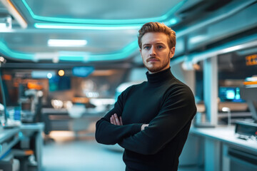 Obraz premium Confident young caucasian male in futuristic control room