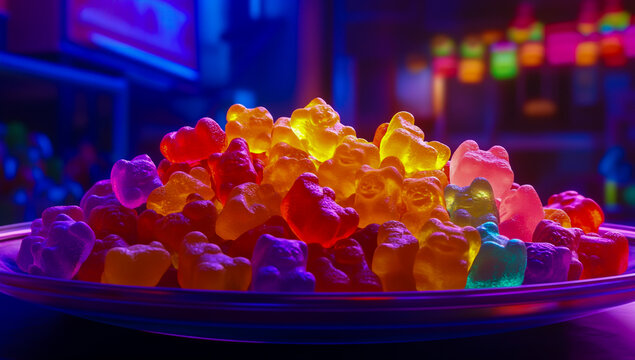 A plate of colorful gummy bears, close-up, an animated movie scene with vibrant colors and dynamic lights in the background,