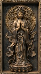 A 5D embossed metal frame surrounds Guanyin, portrayed in a hyperrealistic style with stunning lifelike details. She folds her hands, standing on a lotus seat.