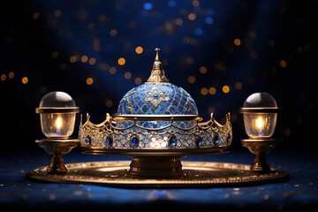 A blue and gold object with a blue dome sits on a table