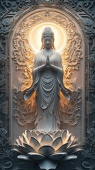 A 5D metal logo showcasing Guanyin Bodhisattva with hyperrealistic precision. Her soft, round face exudes calmness as she stands on a glowing lotus. Light streams from her halo, surrounded