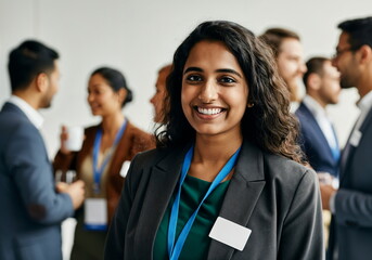 Indian Businesswoman at Networking Event with Diverse Professionals, Promoting Collaboration and Communication