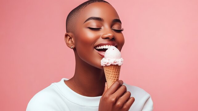 A black woman with a chic buzzcut, dressed in a crisp white sweatshirt, smiling subtly while licking an ice cream cone, her palm softly supporting her cheek.