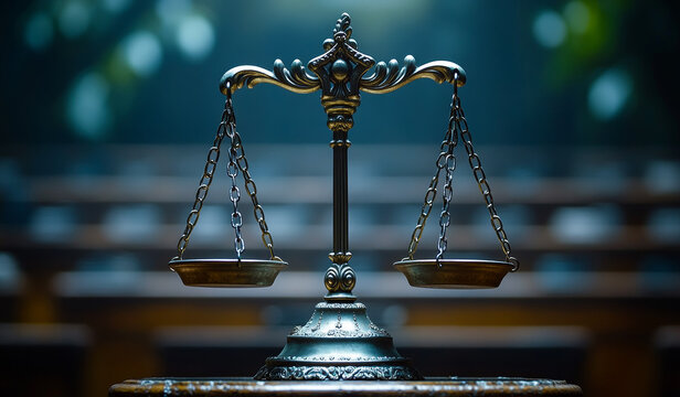 Scales symbolize legal fairness. Symbol of justice displayed in an empty courtroom highlighting the importance of fair trials and legal integrity