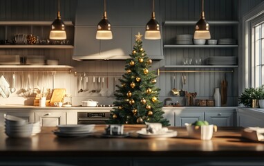 Obraz premium A spacious kitchen with a green Christmas tree adorned with golden baubles, surrounded by premium culinary tools and white porcelain dishes