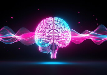 Glowing Neon Brain with Energy Waves on Dark Background, Representing Creativity, Technology, and Innovation