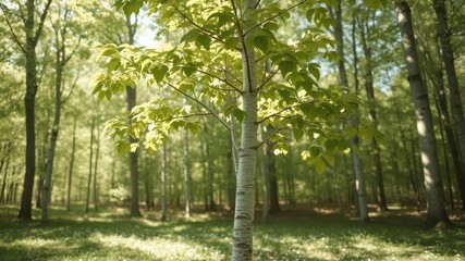 Obraz premium Young birch tree, vibrant green leaves, spring sunlight dappled forest floor, leaves,branches,wild