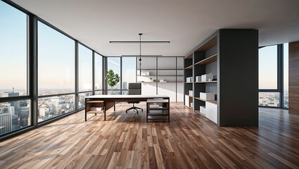 Spacious Modern Office with Large Windows: A Bright, Airy Workspace Featuring Contemporary Design, Natural Light, and an Open Layout
