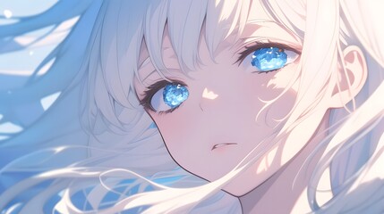2D illustration of a dreamy young girl with captivating eyes, ideal for character concept in anime style