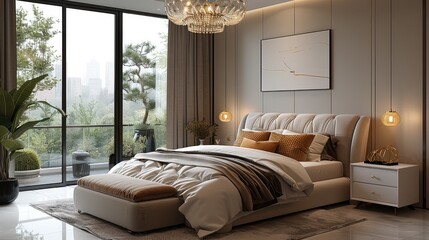 A modern bedroom with panoramic views, the walls are light gray, the ceiling is white, and the tiles are neutral. This bed is a light luxury gold edged double bed with beige velvet bedding.