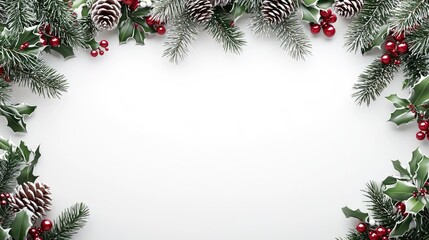 Festive Christmas Border with Holly, Pine, and Pinecones on White Background