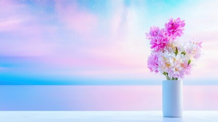 Fototapeta premium Pink and white peonies in vase by ocean at sunset.