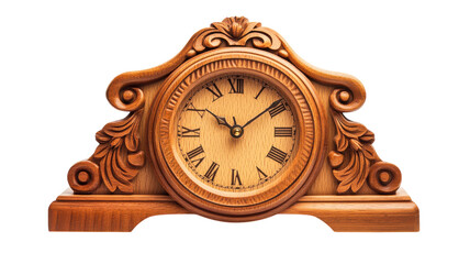 Elegant wooden clock with ornate carvings displayed on a neutral background showcasing craftsmanship and timeless design.