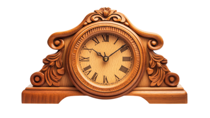 Elegant wooden clock with ornate carvings displayed on a neutral background showcasing craftsmanship and timeless design.