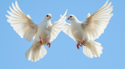 Two white doves flying together in blue sky