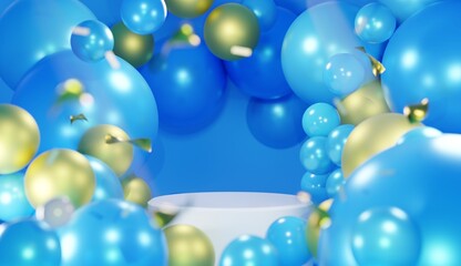 Colorful Product Podium Stage with floating blue and gold balloons, with golden flying confetti. White cylinder platform surrounded by balloons with field of view effect and low aperture. 3D Render.