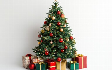A vibrant green Christmas tree adorned with classic ornaments and large gift boxes wrapped in colorful paper placed below on a pure white backdrop
