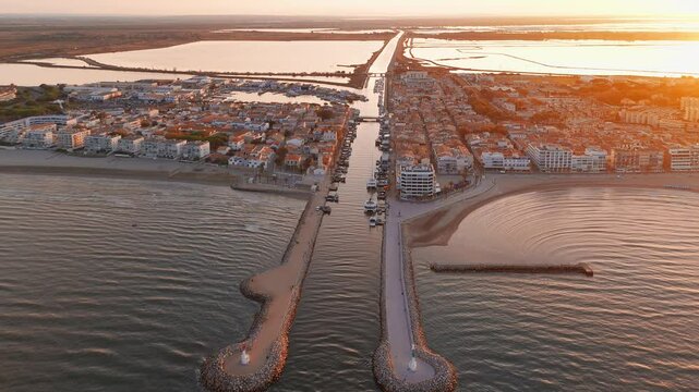 Aerial view of the Grau du Roi fishing village at sunrise in Camargue, France
