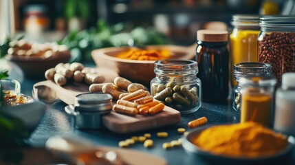 Assorted herbal capsules and spices on kitchen counter.